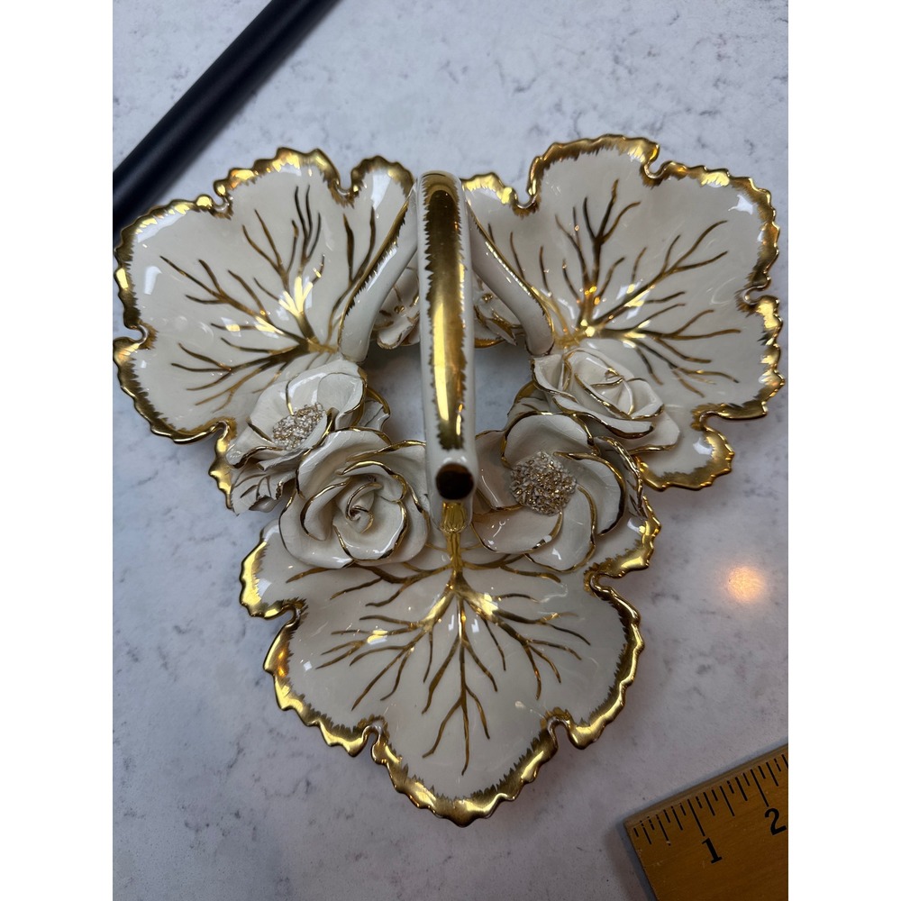Vintage Ceramic Triple Leaf Candy Dish Gold Trim Porcelain Roses Centerpiece